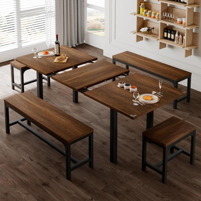 5-Piece Dining Table Set For 4-8 People, 63" Extendable Kitchen Table With 2 Benches And 2 Square Stools, Mid-Century Modern Wooden Dining Room Table, Space-Saving