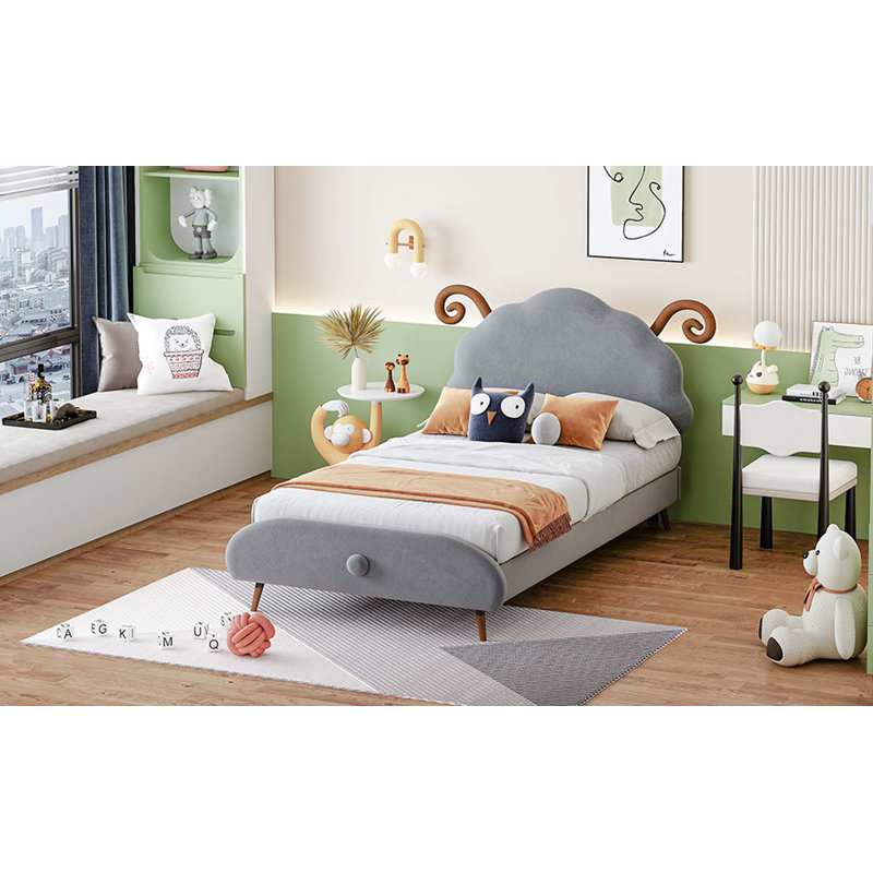 Lit plateforme tapissier avec tête de lit en forme de mouton, Simple, gris