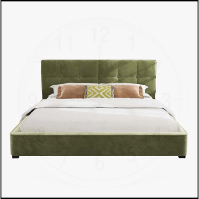 Très grande base de lit en velours, lit plateforme tapissier avec tête de lit capitonnée incurvée, coins carrés doux, vert olive