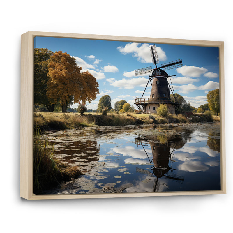 «Holland Windmill Reflections II», reproduction sur toile, H 24 po x l 32 po x P 1 po, Cadre naturel flottant