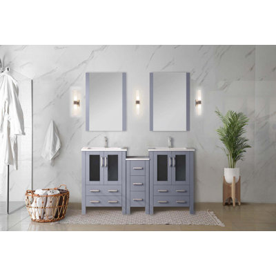Meuble-lavabo double avec armoires latérales, ensemble de robinet, comptoir en céramique et miroirs