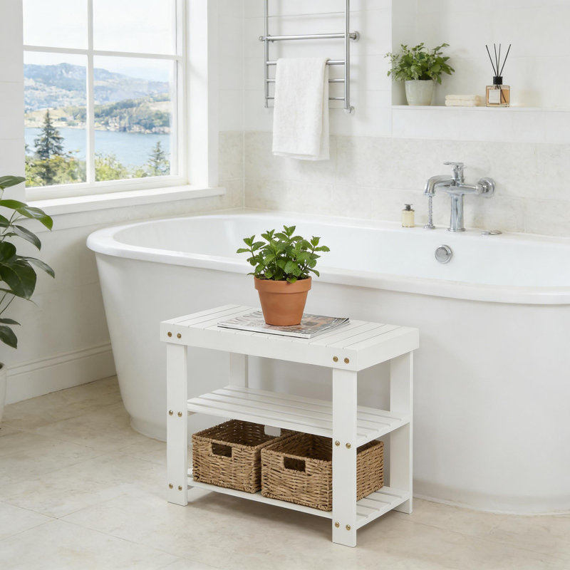 Bamboo Entryway Shoe Bench with 2-Tier Storage Shelf for Entryway and Living Room, White