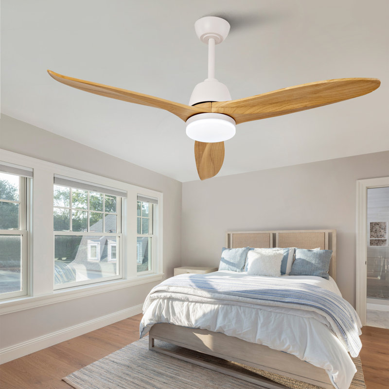 Ventilateur de plafond 52 pouces intérieur doré avec lumière DEL à intensité variable 3 pales en bois massif avec moteur à courant continu réversible