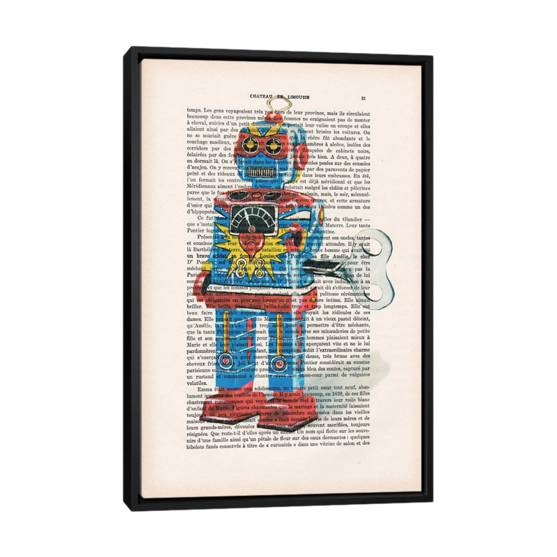 «Vintage Paper Series: Robot I», impression sur toile tendue, H 26 po x l 18 po x P 1,5 po, Toile avec cadre noir
