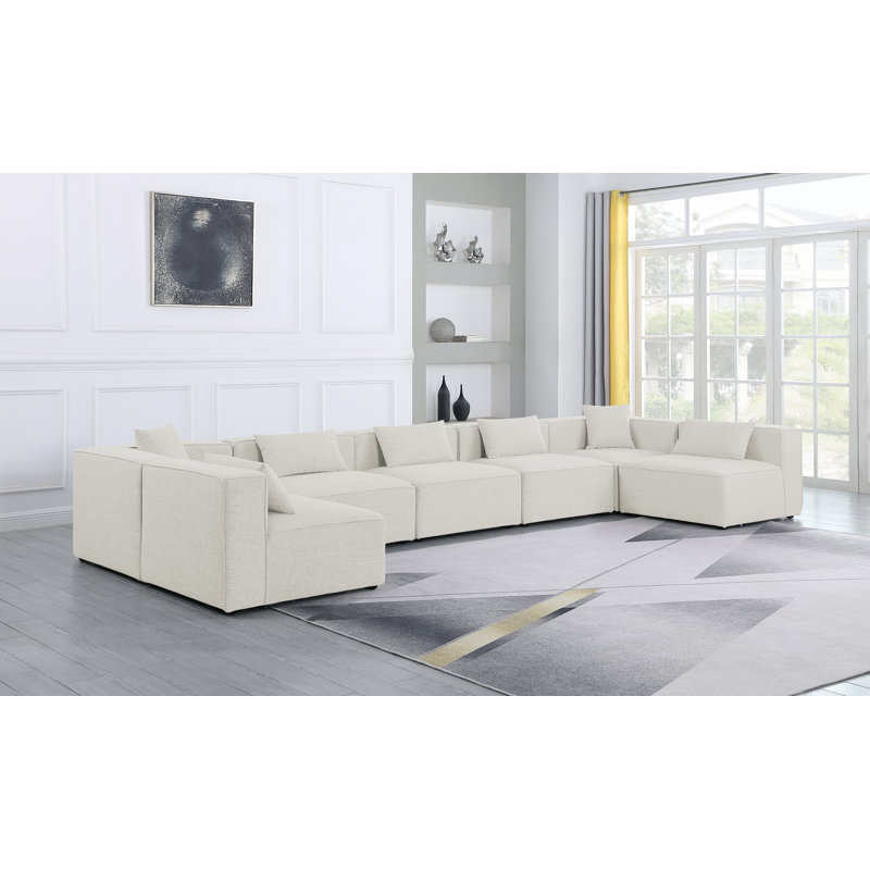 Narmeen Upholstered U-Shaped Sectional Reversible, Cream Linen Textured Fabric