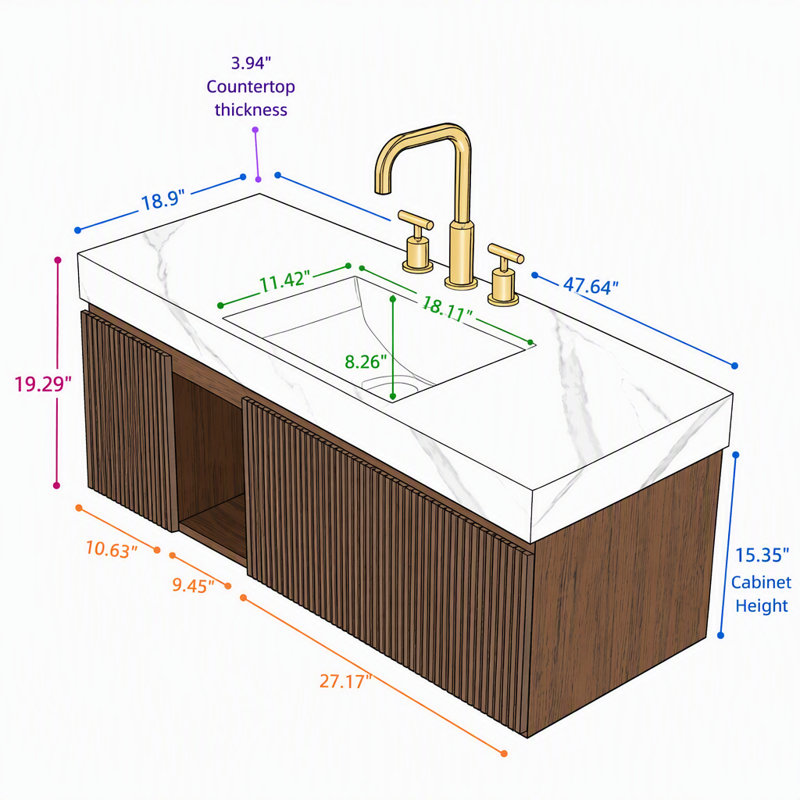 Meuble-lavabo flottant mural 48 po avec lavabo, 48 po, noir pour rangement de salle de bain, Noir, Trou simple, Beige+Gold