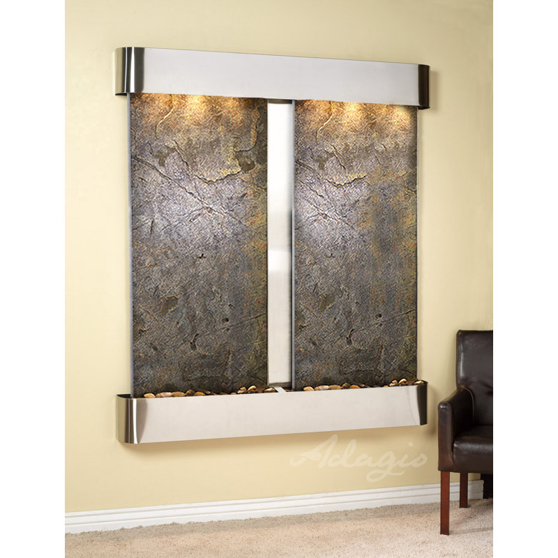 Cottonwood Falls Fountain with Light, Black Feather, Stainless Steel, Rounded