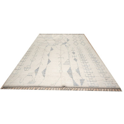 6x9 Ivory Hand-Knotted Wool Linear Tribal Motifs Modern Contemporary Carpet Rug