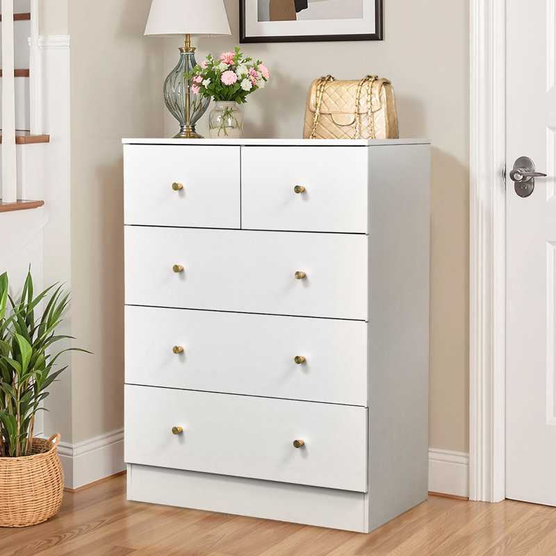 5-Drawer Dresser For Bedroom And Chest Of Drawers With Sturdy Construction Wood Storage Organizer For Closet, White