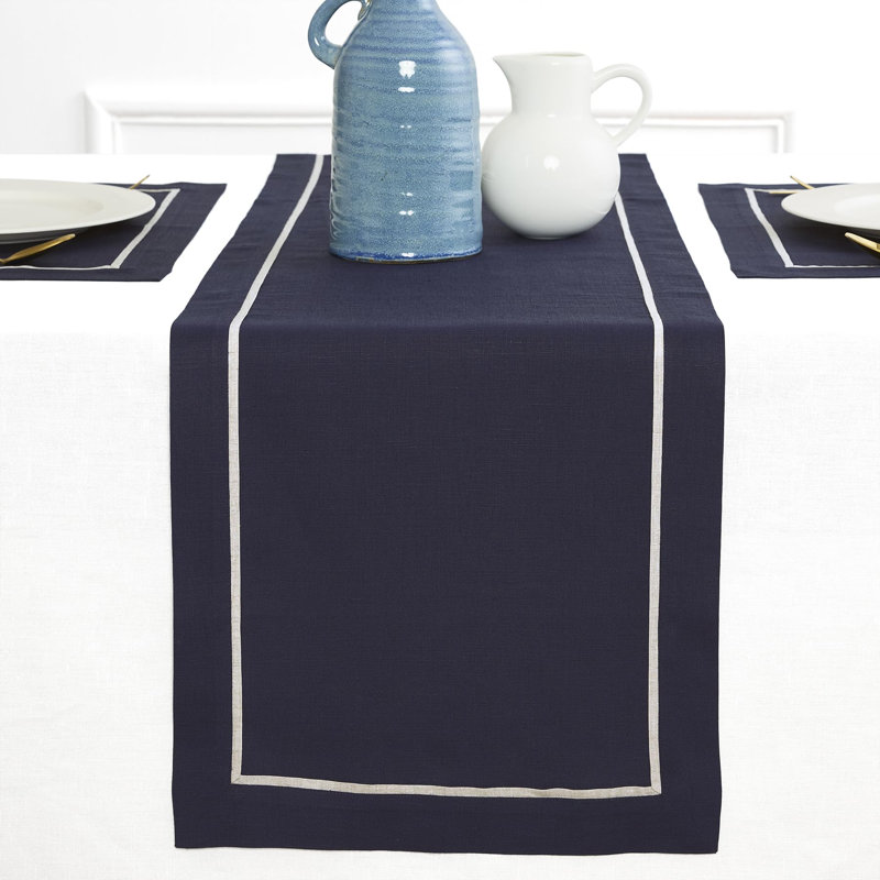 100% Pure Linen Table Runner -kensington, Navy, 48" x 14"