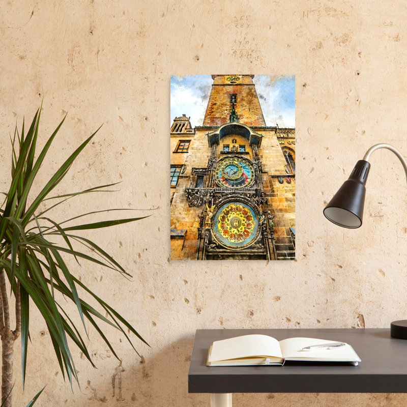 Prague Astronomical Clock Gothic Abstract Contemporary Architecture City Wall Art Print 1 Piece Wrapped Canvas Wall Art