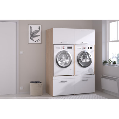 Cabinet for Two washing machines with cupboards -White/Oak