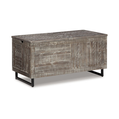 Storage Trunk, Dual Hinged Top, Distressed Gray Wood, Striped Front