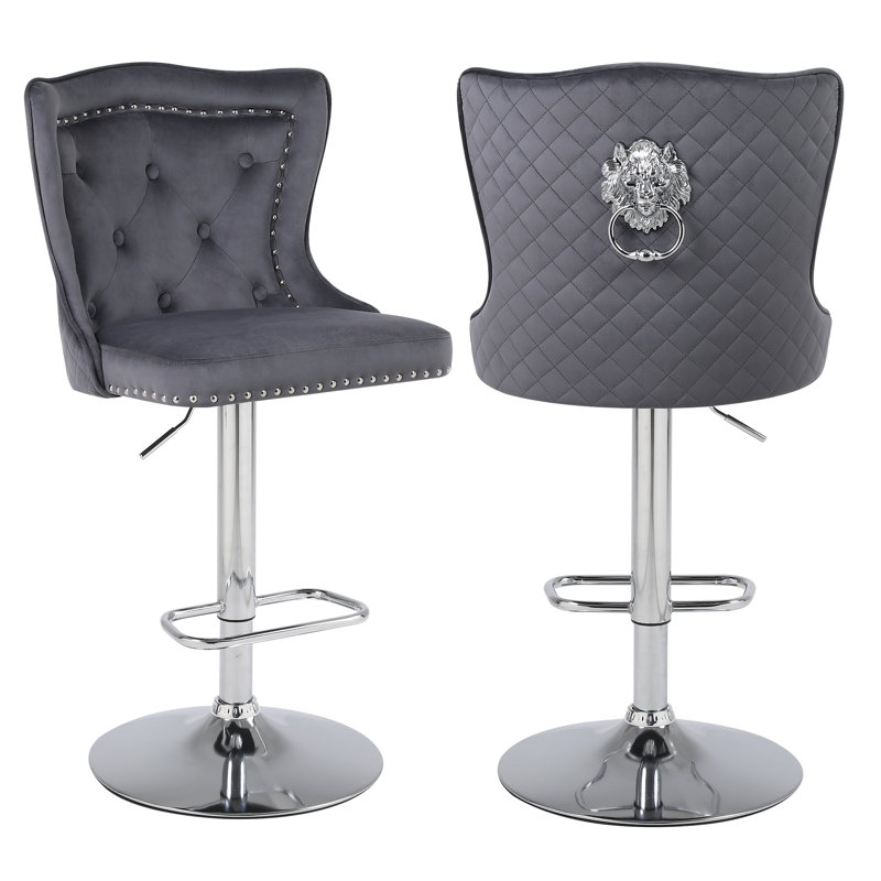 Swivel Velvet Counter Height Bar Stools With Lion Head Pull Ring For Kitchen Island, Dark Grey