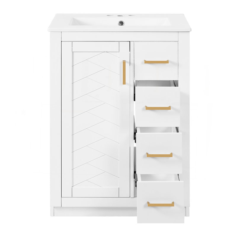 Meuble-lavabo 24 po avec lavabo intégré en céramique, meuble-lavabo simple avec 1 porte et 3 tiroirs pour salle de bain petite et moyenne, blanc