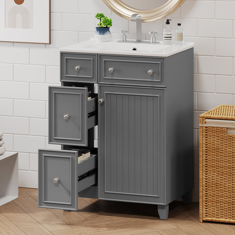 Meuble-lavabo de salle de bain bien conçu avec lavabo en céramique, plusieurs options de rangement, fermeture en douceur et facilité de plomberie