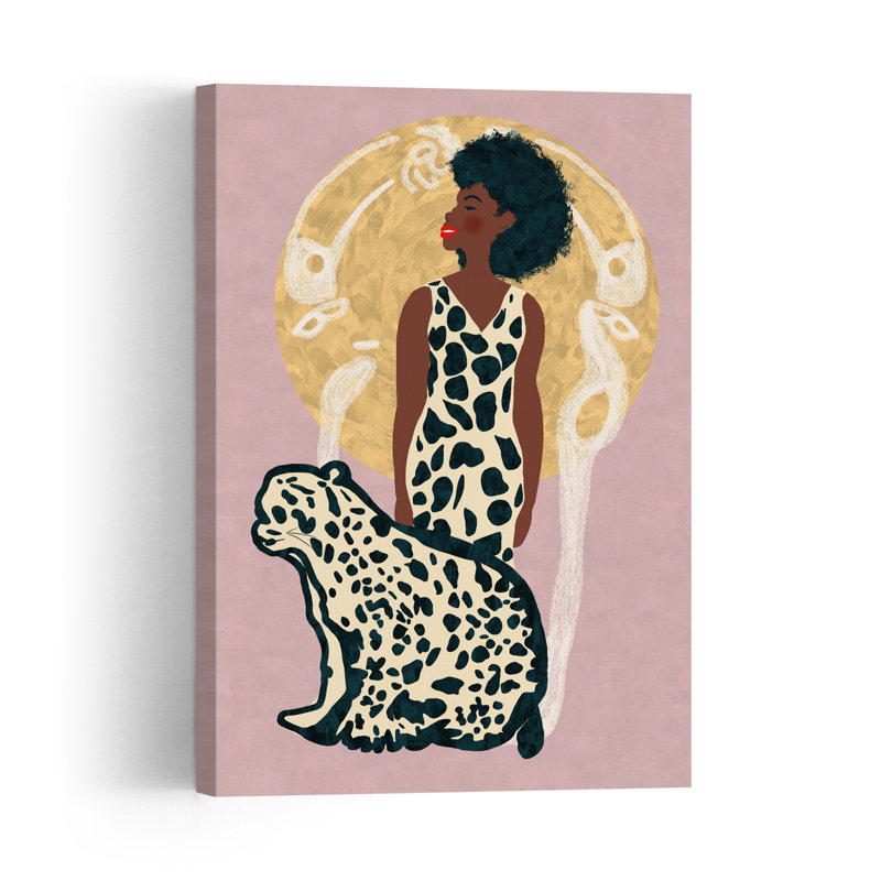 Confident Woman And Leopard Elegant Contemporary Cat Animal Wall Art Print 1 Piece Wrapped Canvas Wall Art