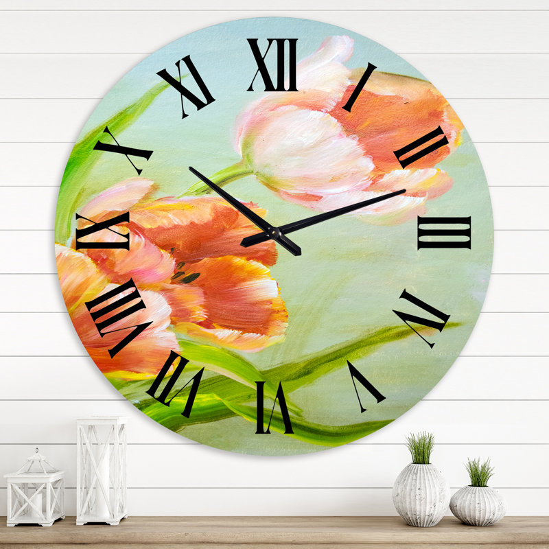 Horloge murale rétro - fleurs tulipes rouges rétro I, Moyenne