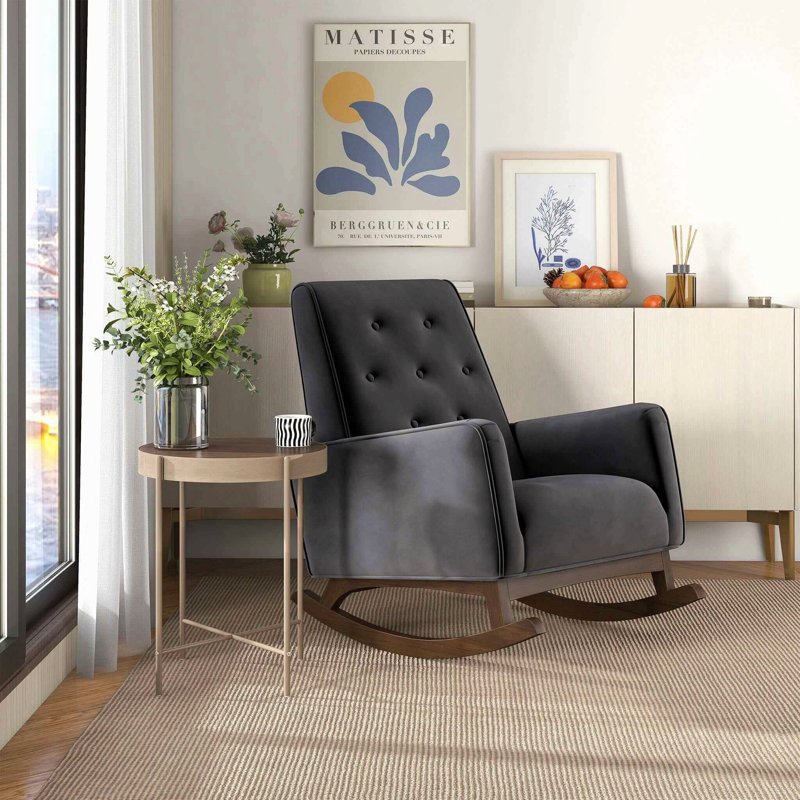 Chaise berçante en tissu et bois massif, Gris foncé