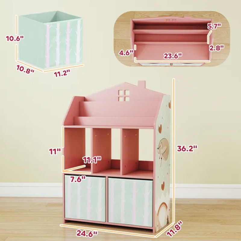 Organisateur de rangement pour jouets avec bibliothèque, étagères ouvertes et tiroirs en tissu Pink House-Shaped Kids