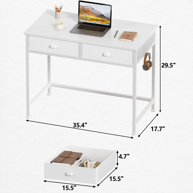 Rececca Writing Desk 35 in. Computer Desk with 2 Fabric Drawers Hooks Vanity Desk for Home Office, White