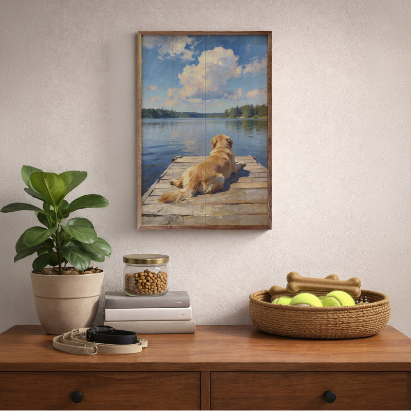 Golden retriever au bord du lac, H 8 po x l 5 po