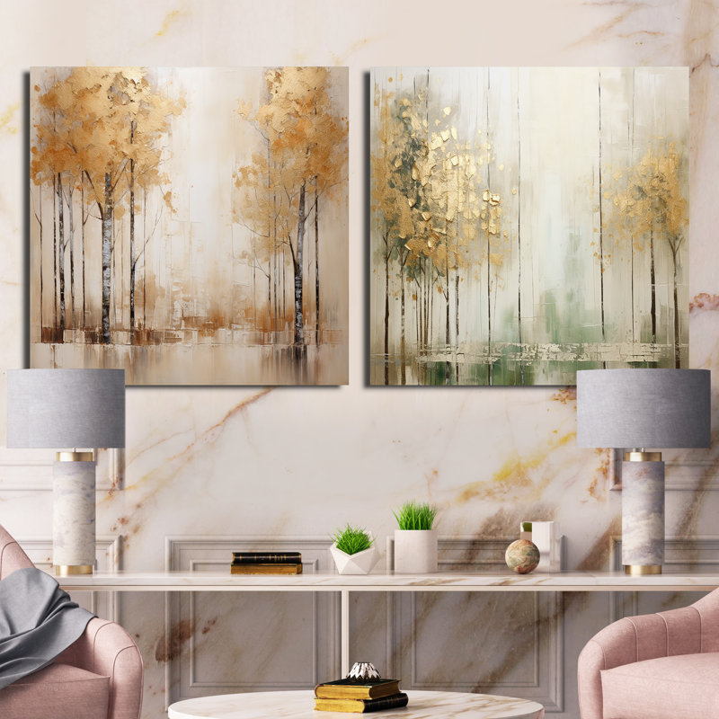 Minimalisme - Ensemble de 2 collages carrés forêt et or, H 16 po x l 33 po, Toile tendue