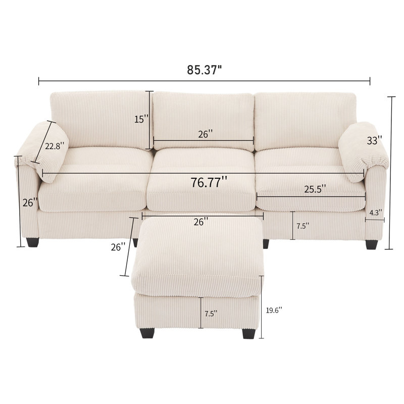 Canapé modulaire en L 4 pièces avec repose-pieds en velours côtelé, Velours côtelé beige