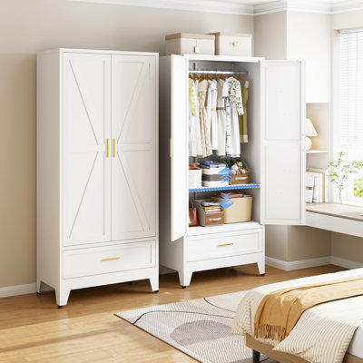 Armoire de rangement en métal de 71 pouces avec tiroirs, garde-robe de grande chambre à coucher, avec tablettes et tringles de suspension, armoire de rangement avec 2 portes, 1 tablette et tiroir réglables (1 tiroir, bleu)