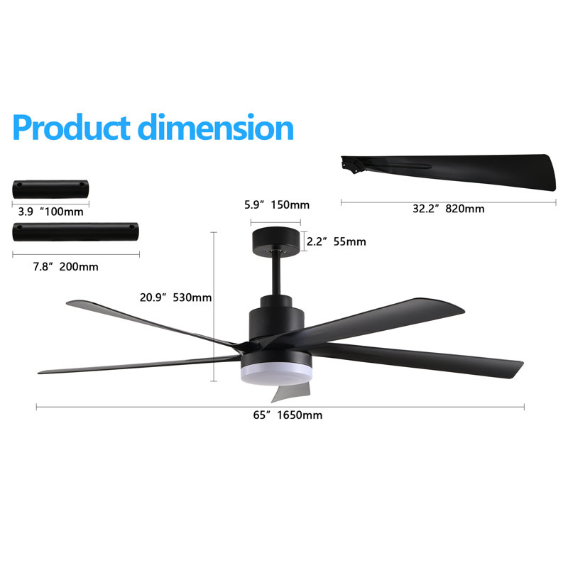 Ventilateur de plafond 65 po à DEL à intensité variable moderne avec télécommande