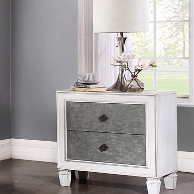 Table de chevet 2 tiroirs de style rustique moderne de couleur grise et blanche, matériau en bois, glissières latérales en métal, chambre à coucher l 28 po avec tiroirs, finition, assemblage, P 17 po