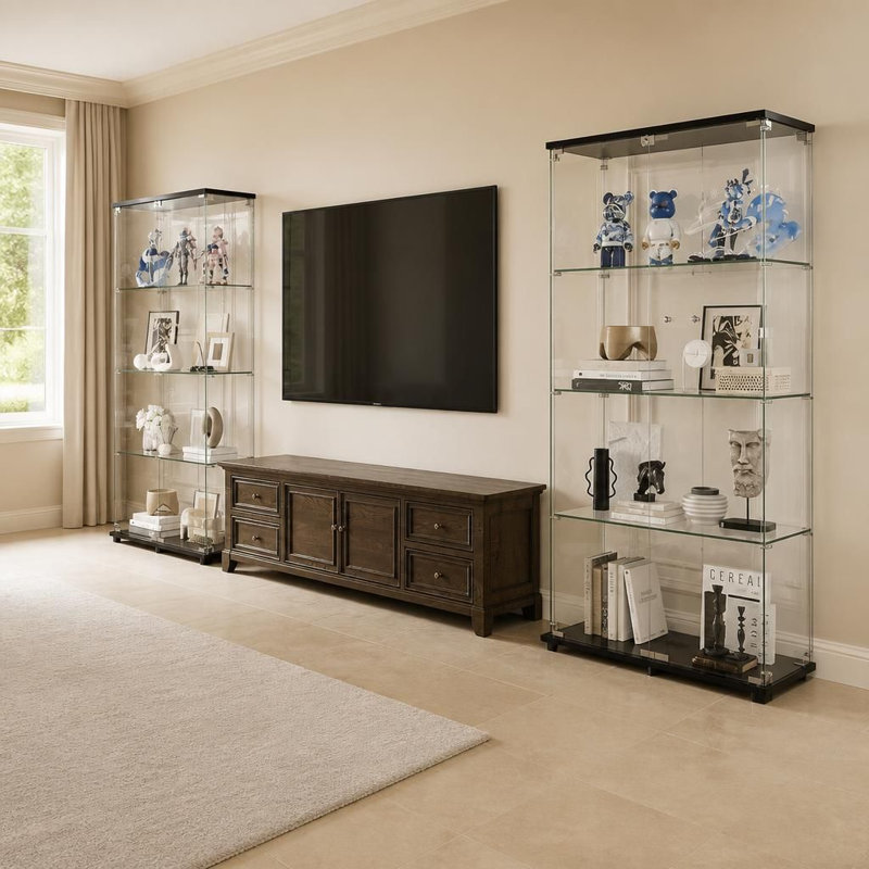 Vitrine à 4 tablettes en verre avec portes doubles verrouillables, bibliothèque en verre trempé de 5 mm pour le salon, la chambre à coucher, le bureau et les objets de collection