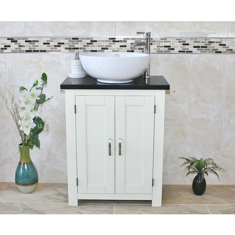 Robbs 650mm Single Bathroom Vanity with Vessel Ceramic Basin, Black Quartz, White