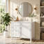 Meuble-lavabo autoportant 36 po en bois aggloméré avec lavabo en céramique blanc, armoire de salle de bain blanche avec 2 tiroirs, tablettes de porte réglables et tiroir basculant-130996262-130996266