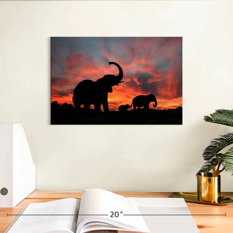 Silhouette d'éléphant au coucher du soleil, H 8 po x l 12 po