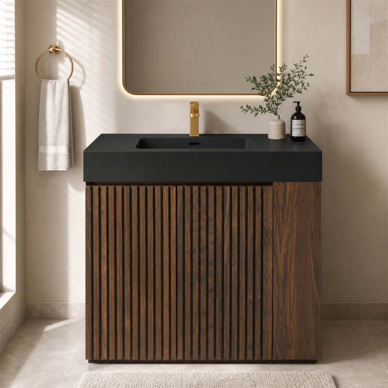 Meuble-lavabo 36 po avec lavabo à quartz noir, portes cannelées, fermeture en douceur