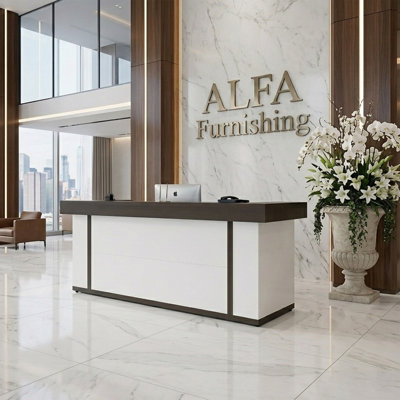 Large 79''  2-Person Modern Reception Desk With Cable Management System And Integrated Shelving,Walnut And White