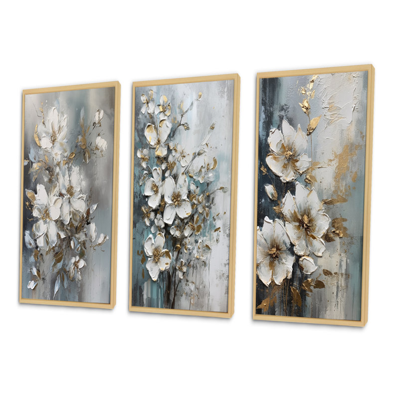 " White Gold Apple Tree Symphony " 3 Piece Art Set, Natural Floater Framed, 40" H x 60" W
