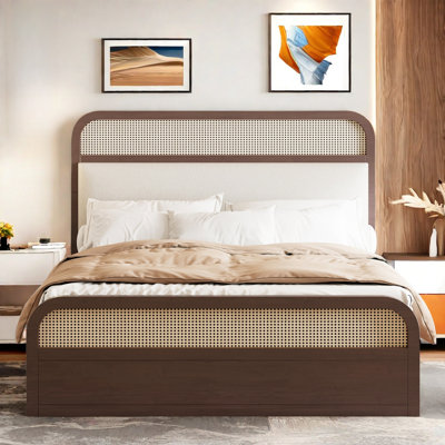 Wooden Platform Bed With Trundle, 2 Drawers And Rattan Accents