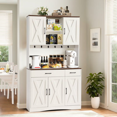 71" Kitchen Pantry Storage Cabinet, Farmhouse Hutch Cabinet With Microwave Stand, Tall Food Pantry Cabinets W/2 Drawers & 6 Hooks, Charging Station, S