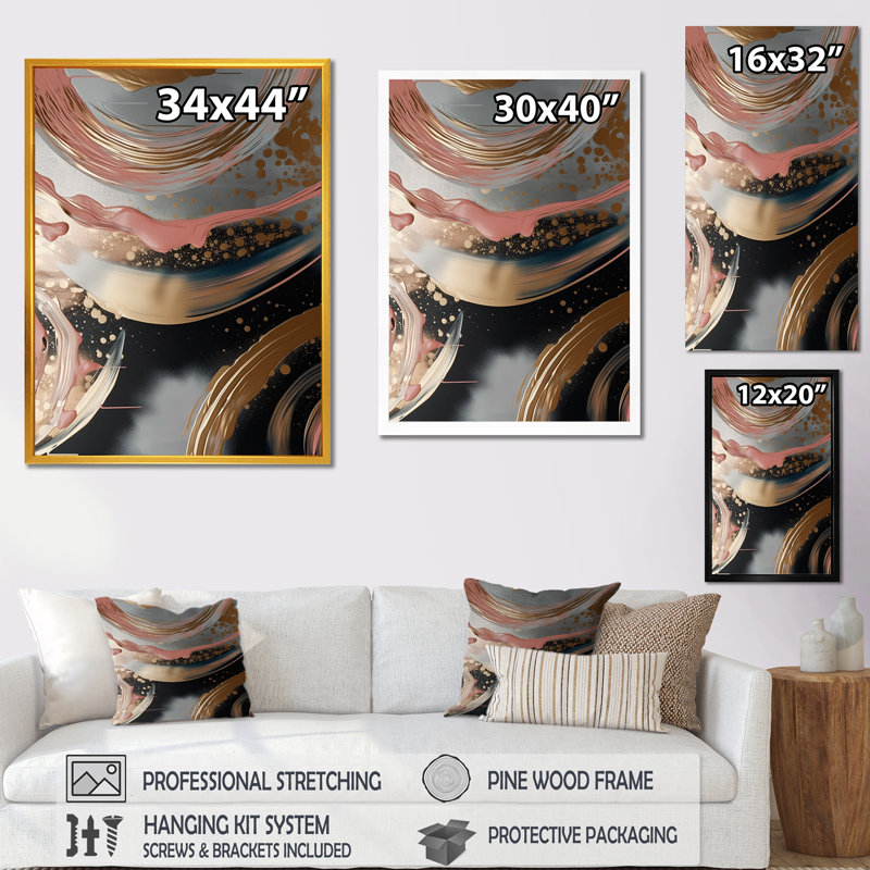 Art abstrait abstrait, encre liquide dorée II - formes abstraites, art mural, Cadre flottant doré, H 32 po x l 24 po x P 1 po