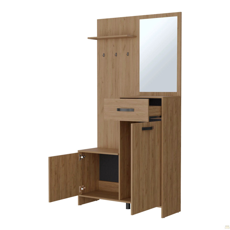Arbre d'entrée en chêne naturel avec rangement multiple, 1 miroir et pieds réglables pour une organisation et un style améliorés