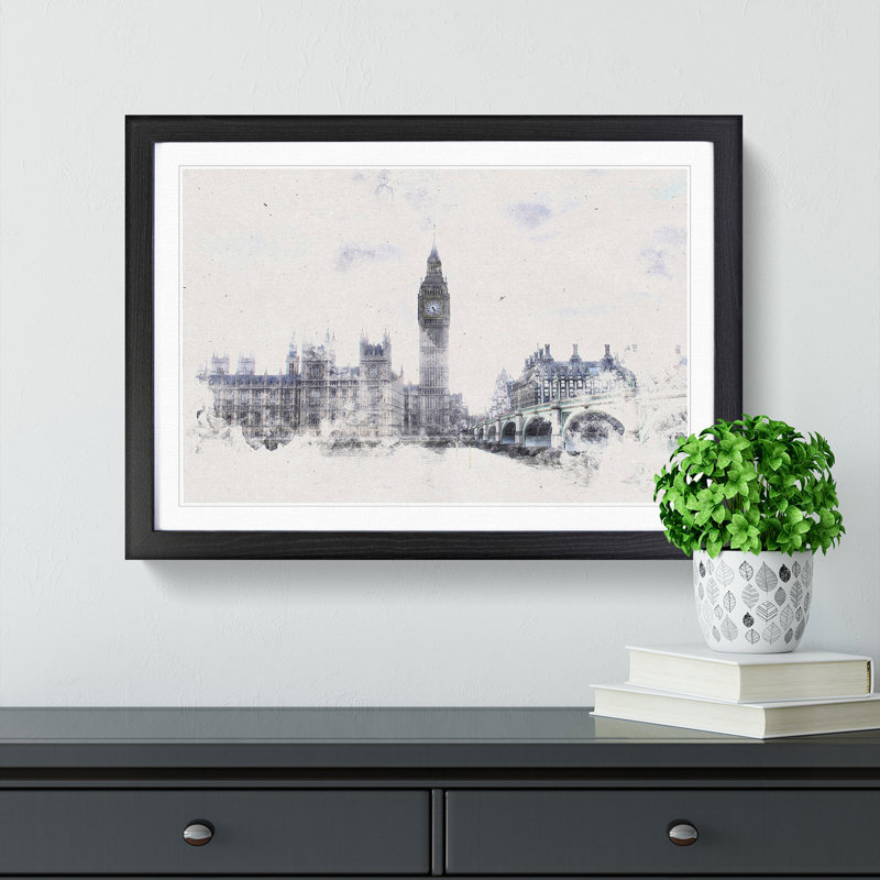 The Houses Of Parliament London Watercolour - Single Picture Frame Print on MDF, 40cm H x 60cm W x 2cm D, Black Framed