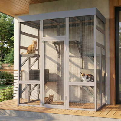 62.6" Wooden Outdoor Catio For Cats, Large Cat Enclosure With Waterproof Roof, 2 Napping House, Platforms & Rust-proof Wire – Secure Pet Cage For Backyard Or Patio