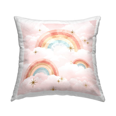 Coussin Magical Rainbow Pink Fluffy Clouds Gleaming Stars, par Daphne Polselli