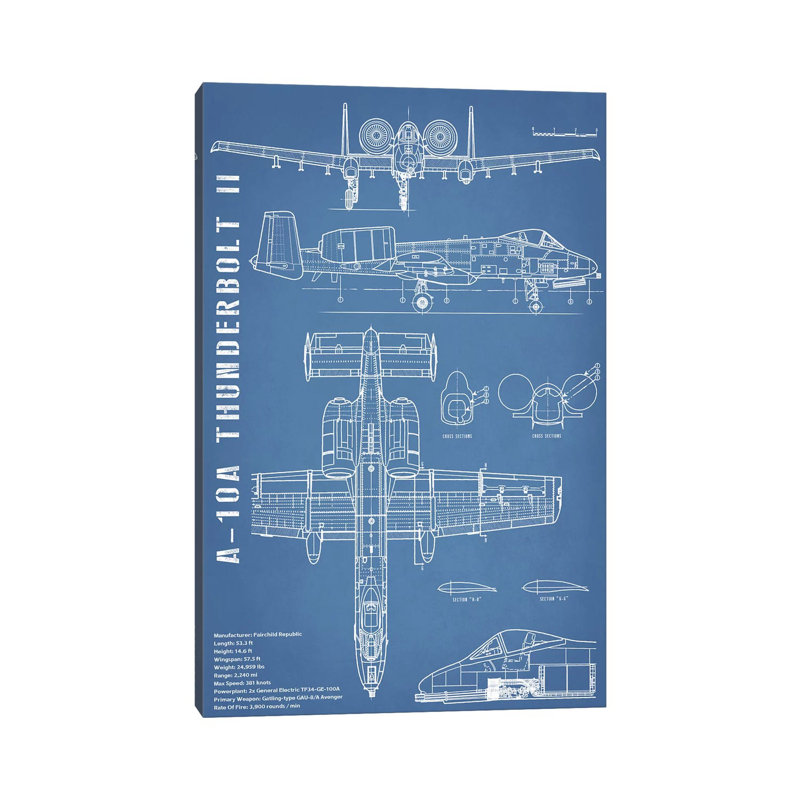 A-10 Thunderbolt II [Warthog] Airplane | Black - Portrait by Action Blueprints - Wrapped Canvas Print