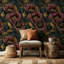 Papier peint floral, décoration murale rétro foncée