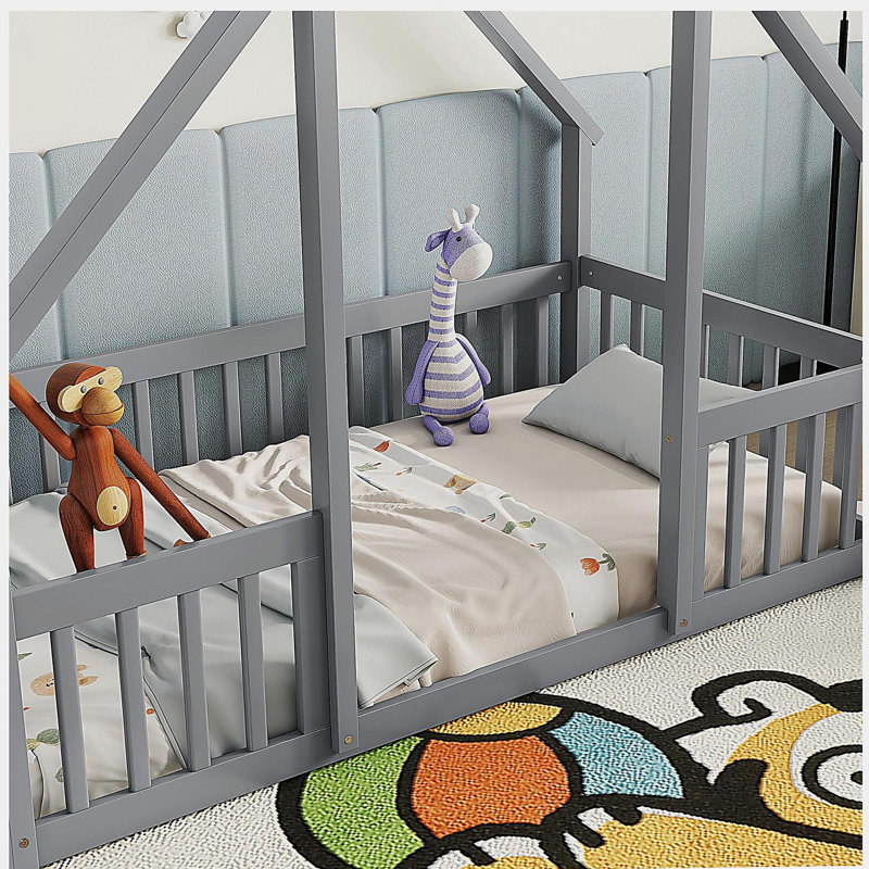 Lit en bois en forme de maison avec rampe, main courante, Lit simple, Gris