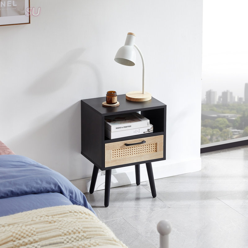 15.75 Inch End Table With Drawer And Solid Wood Legs, Modern Nightstand For Living Room And Bedroom, Black