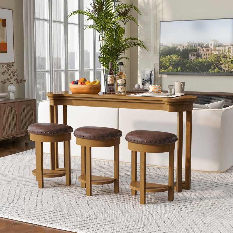60 In. Solid Wood Bar Bar Set With 3 Upholstered Stool, Natural